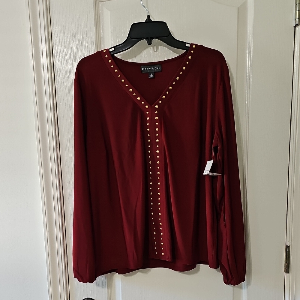 Good Condition HAPPER Burgundy Studded Blouse Size Lg